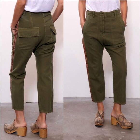 Nili Lotan 0 Slouchy LINEN $430 Luna Pant w Side Tape Drop Crotch Army Green 26